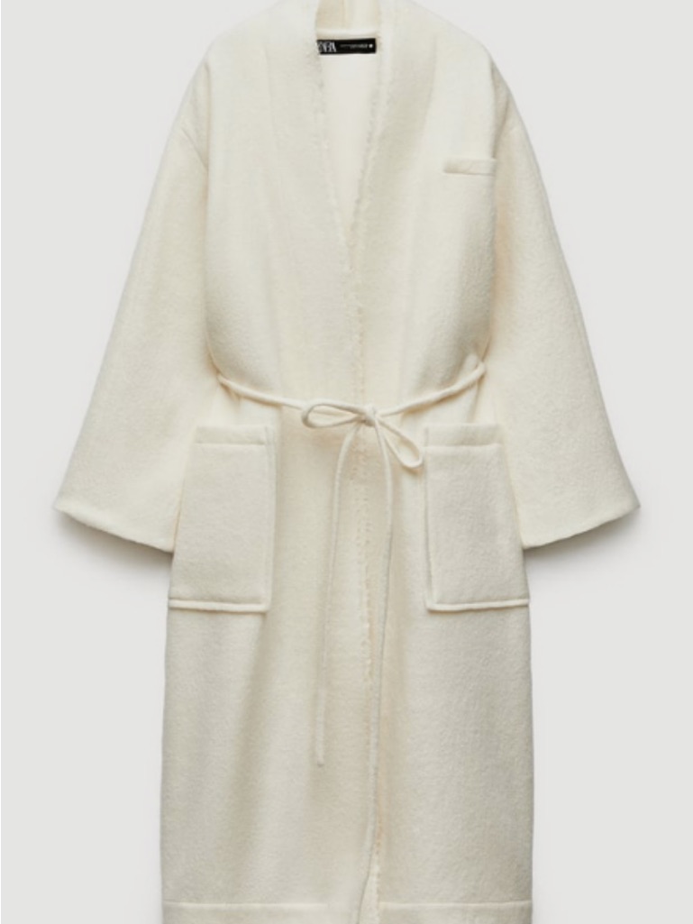 Zara Cream Long Wrap Pea Coat With Belt